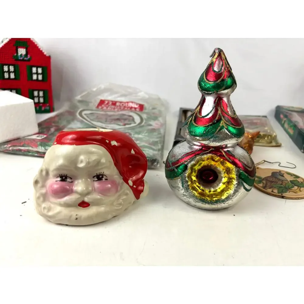 VTG Christmas Decoration Lot Bundle Tablecloth Ornaments Snap-Ons‎ Tie-Ons Decor